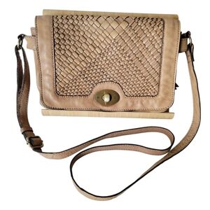 Aspen Basket Weave Woven Genuine Leather Crossbody Purse Brown Tan Brass Bag